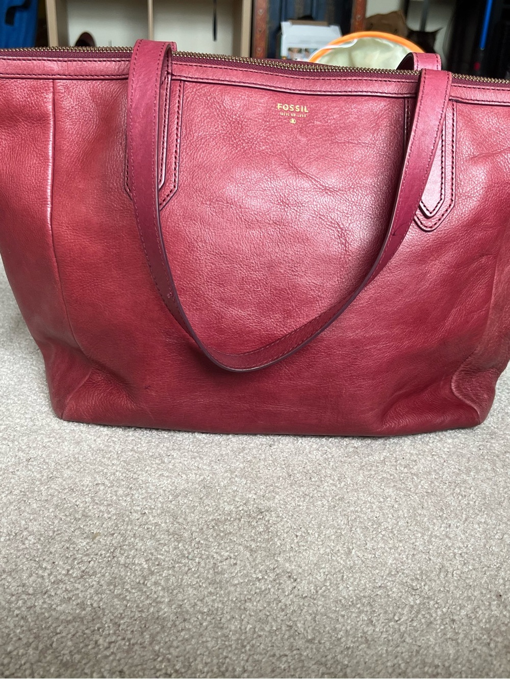 Fossil Leather Tote in Deep Burgundy, Laptop Bag, Travel